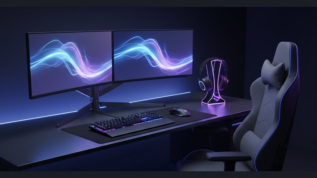 modern RGB gaming desk setup with dual monitors and LED lights