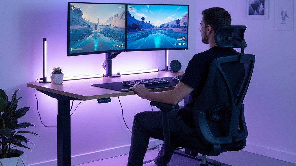 ergonomic gaming desk setup with adjustable height and posture support