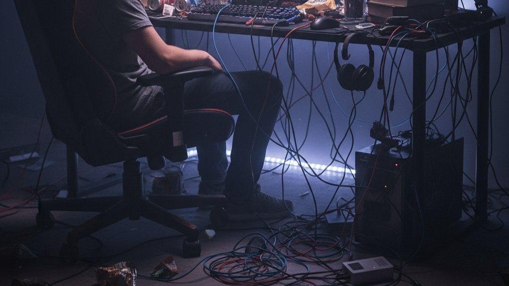 common gaming desk mistakes like cable clutter and bad posture