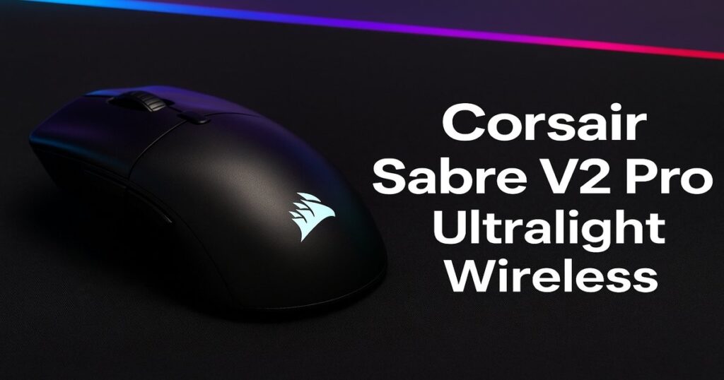 Corsair Sabre V2 Pro Ultralight Wireless gaming mouse with RGB lighting on dark gaming desk background.