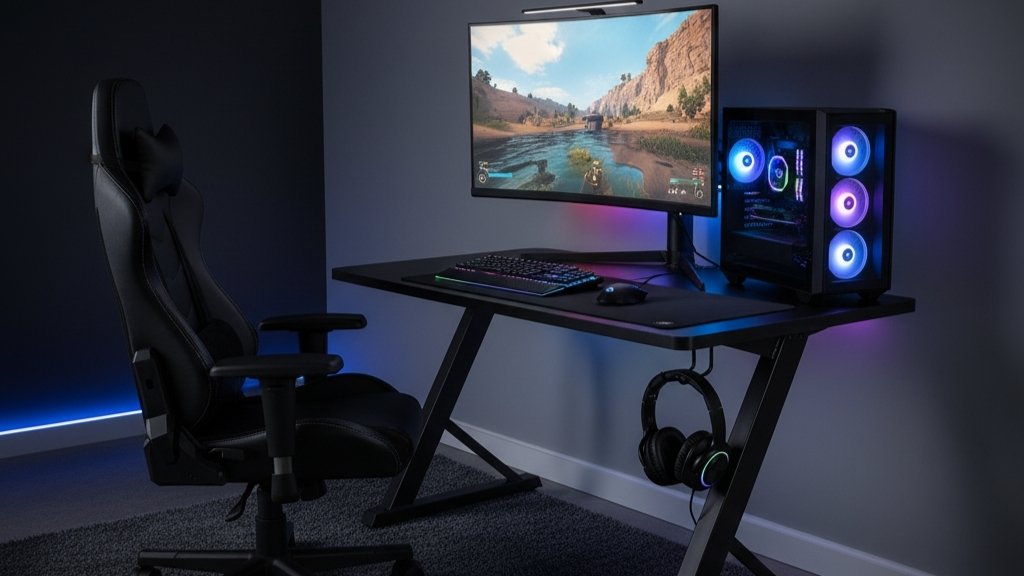 modern gaming setup with RGB desk and dual monitor display