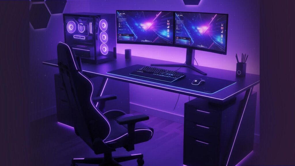 modern RGB gaming desk setup with dual monitors and LED lighting