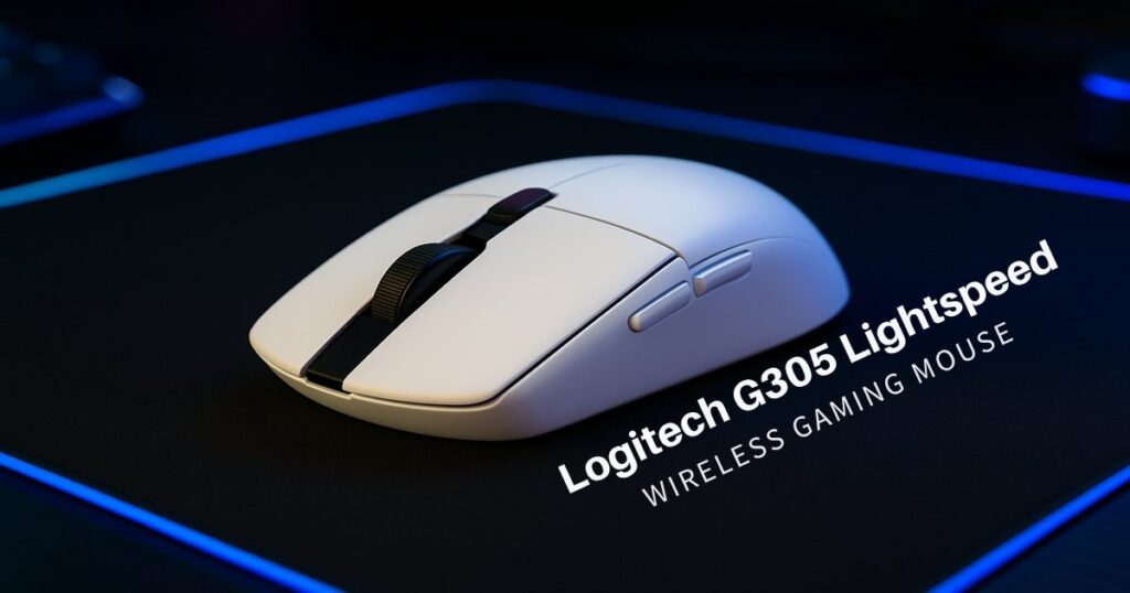 Logitech G305 Lightspeed wireless gaming mouse on an RGB-lit desk with blue lighting and sleek compact design