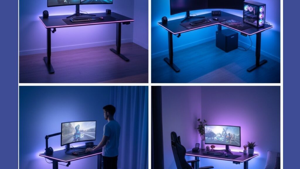 four types of gaming desks: standard, L-shaped, standing, and compact setups