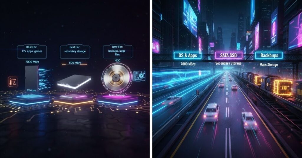 Storage — NVMe SSD, SATA SSDHDD, and When to Use Which